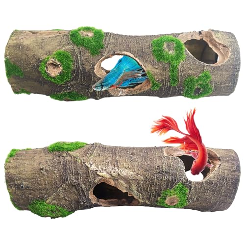 2 PCS Small Tree Trunk Aquarium Fish Tank Ornament, Betta Fish Hideout Caves, Resin Moss Tree Trunk Aquarium Decoration with Holes and Caves