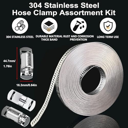 Hose Clamps Stainless Steel, Large Worm Gear Duct Pipe Hose Clamp Assortment Kit, Band Fittings Strap, 32.81FT Adjustable Metal Bolt with 20 Stronger Fasteners Screw for Plumbing Auto Tube Fuel Line