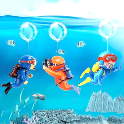 3pcs Floating Fish Tank Decorations, Little Diver Aquarium Decoration, Aquarium Accessories Fish Playmate for Fish Tank Suitable for All Kinds of Fish Tanks Swimming Pool - color: Orange Diver Camera+blue Chubby Diver+blue Diver (All With Fishing Line and