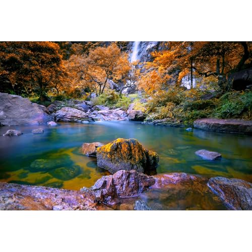 Waterfall Aquarium Background Autumn Jungle Forest Lake Stream Natural Landscape Terrarium Background Tranquil River Huge Rocks Fish Tank Background Fall Forest Theme Reptile Background 24x12in - color: Orange, size: 24(W)x12(H)inches/ 60(W)*30cm(H)
