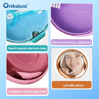 Fashion Solid Orthodontic Aligner and Retainer Case with Inside Mirror, Special Magnetic Closure +1 Pcs Aligner Remover Hook +1Pcs Brush (Blue) - color: Blue