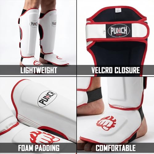 Punch Sports Martial Arts Shin Guards with Instep Protection – Lightweight Artificial Leather Shin & Leg Protector with Double Straps, Foam Padding for MMA, Kickboxing & Muay Thai - size: Large