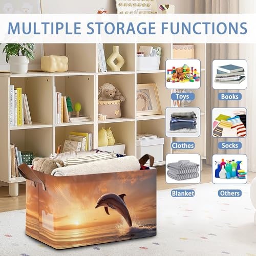 Dolphin Ocean Storage Basket,Sunset Collapsible Storage Bin Cubes for Living Room Bedroom Blankets Home Storage 17x11.5x10Inch