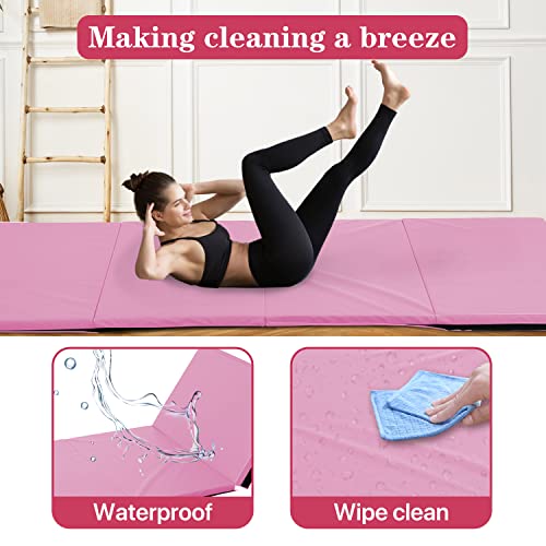Gymnastics Mat Exercise Mat Tumbling Mats for Home Gym, Folding Portable 4'x10'x2" Extra Thick Crash Panel Mat with Carrying Handles for Kids Adults - color: Pink