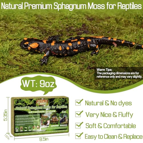 9OZ Natural Sphagnum Moss for Reptiles- 14QT Green Moss for Terrarium Plants Long Fiber Reptile Moss for Leopard Gecko Snake Hamsters Tortoises Frogs Lizards Salamanders