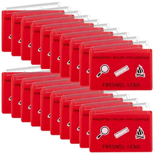 Frienda 50 Pcs Pocket Magnifying Glass 4X Fresnel Lens Credit Card Pocket Magnifier Plastic Ruler Starting Fire Emergency Bushcraft Outdoor Survival Leisure for Classroom Home Office (Red) - color: Red