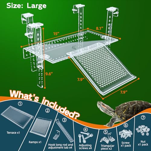 Hanging Turtle Dock Turtle Tank Accessories Adjustable, Large Basking Platform with Freely Installable Climbing Ramps for Aquatic Turtles Sturdy, Wobble-Free Design in Acrylic Material (15") - size: 15 x 8.1 Inch