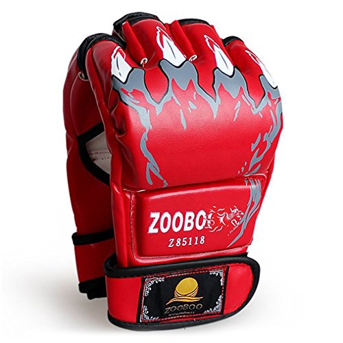 ZooBoo MMA Gloves, Half-Finger Boxing Fight Gloves MMA Mitts with Adjustable Wrist Band for Sanda Sparring Punching Bag Training - color: Red