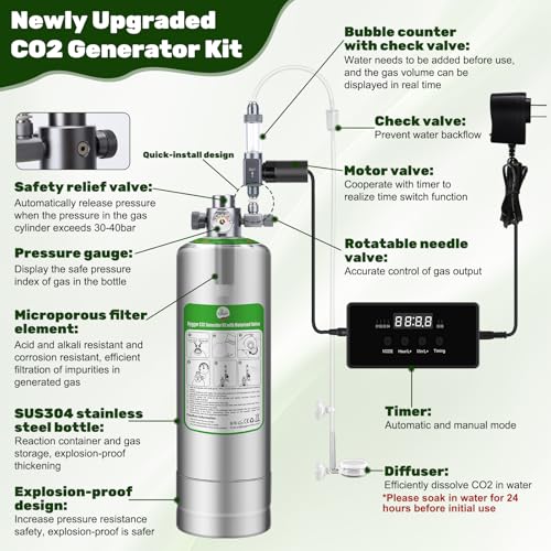 Upgraded 2L/5L Aquarium CO2 Generator System with Timer-Enabled Motor Valve, Upgrade CO2 System Kit with Quick-Release Structure for Aquarium Plants Tanks (2L) - size: 2L