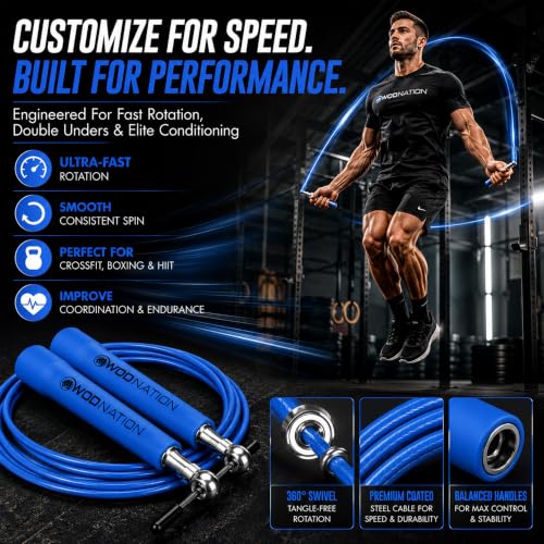 WOD Nation Adjustable Speed Jump Rope For Men, Women & Children - Blazing Fast Fitness Skipping Rope Perfect for Boxing, MMA, Endurance - color: Blue