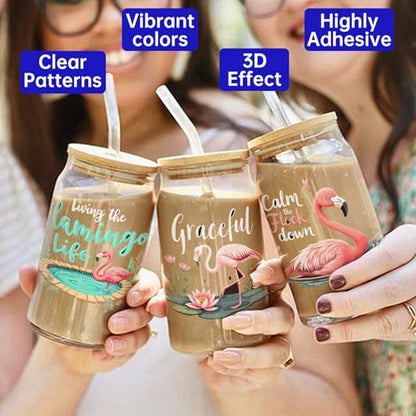 UV DTF Cup Wrap Transfer Stickers, 4 Sheets Flamingos Rub On Transfers for Tumblers Water Bottles Glass Cups Mugs Ceramics - style: Flamingos