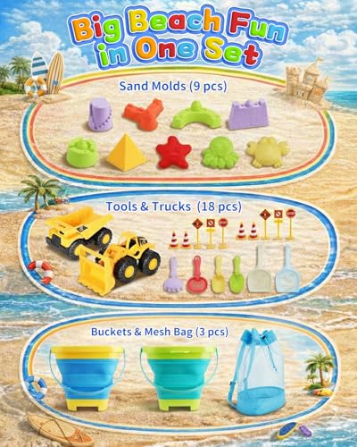 30PCS Beach Toys for Kids Ages 3-10, All-in-One Sand Toys Set with 2 Collapsible Buckets, Shovels, Trucks & Molds, Keep Kids Busy for Hours - Easy to Carry for Beach Travel Sandbox Play