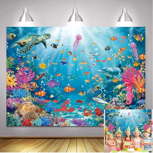 Underwater Backdrop Aquarium Ocean Corals Tropical Fish Photography Background Ocean Theme Party Decorations for Kid Boy's Birthday Cake Table Photo Booth Props (7x5FT) - size: 7x5FT