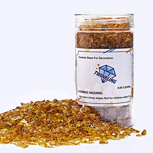 TWINKLING High Luster Fire Glass Gravel Stone Glitter,Broken Glass,Fire Gems Chips,Crushed Glass for Fire Pit Crafts Resin Art Aquarium Garden Decoration,3-6mm,1-Pound Jar (Light Amber) - color: Light Amber