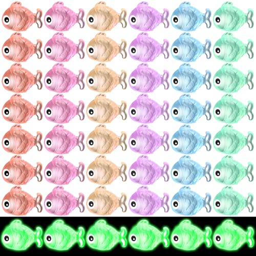 Barydat 48 Pcs Luminous Mini Resin Fish Summer Mini Resin Animals Miniatures Fish Figures Tiny Animals Figures Glow in The Dark Micro Landscape Dollhouse Garden DIY Decoration