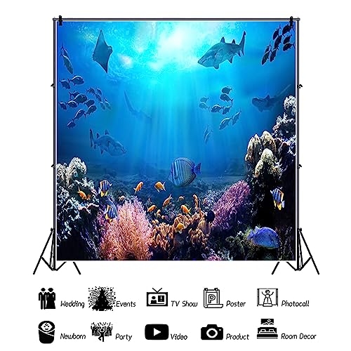 8x8ft Underwater World Backdrop for Photography Aquarium Seabed Rocks Lights Coral and Fishes Tropical Ocean Scene Under The Sea Background Kids Party Decoration Banner Photobooth Props - size: 8x8ft