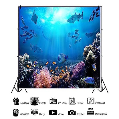 8x8ft Underwater World Backdrop for Photography Aquarium Seabed Rocks Lights Coral and Fishes Tropical Ocean Scene Under The Sea Background Kids Party Decoration Banner Photobooth Props - size: 8x8ft