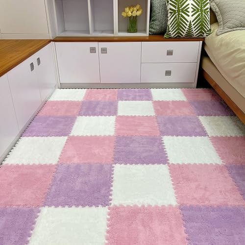 12pcs Carpet Squares Puzzle Floor Mat, Plush Interlocking Carpet Tiles, Anti Slip EVA Foam Jigsaw Floor Tiles, Build A Safe Area for Bedroom Playroom (White+Pink+Purple) - color: White+pink+purple