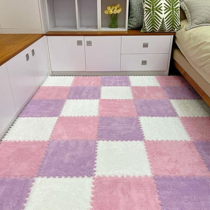 12pcs Carpet Squares Puzzle Floor Mat, Plush Interlocking Carpet Tiles, Anti Slip EVA Foam Jigsaw Floor Tiles, Build A Safe Area for Bedroom Playroom (White+Pink+Purple) - color: White+pink+purple
