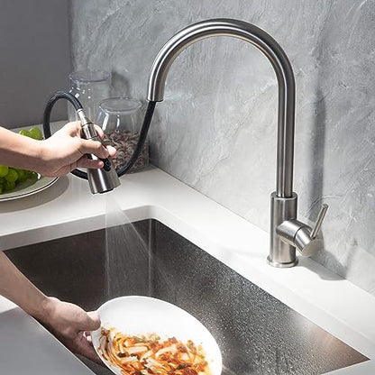 Single Handle Pull Down Kitchen Sink Faucet with Dual Function Sprayer – Solid Brass Construction, High Arc 360 Degree Swivel Spout Kitchen Faucet, Easy-Clean Nozzles (Brushed Nickel, F102)