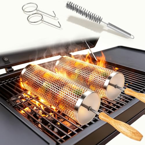 2 Pack Rolling Grill Basket, 304 Stainless Steel Grill Basket with Removable Wooden Handle, Nesting BBQ Tools, Smoker Grilling Accessories for Veg Shrimp, Outdoor Cooking Camping Gifts for Men Dad Husband
