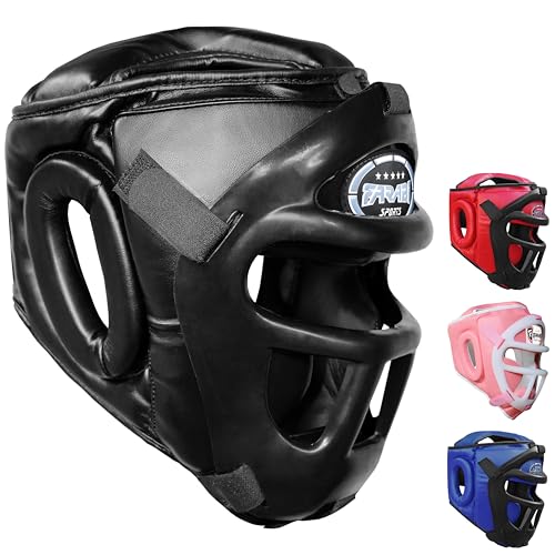 Farabi Sports Boxing Headgear Grill Head Gear MMA Training Kickboxing Sparring Gear Removable Front Bar Grill - color: Black, size: Large