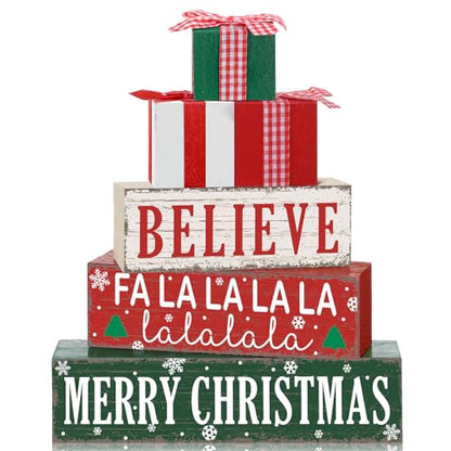 4 Pieces Merry Christmas Wooden Table Decorations Xmas Wood Gift Boxes Decor Rustic Christmas Tiered Tray Decor Xmas Believe Tabletop Centerpieces for Home Desk Room Kitchen Shelf - style: Gift