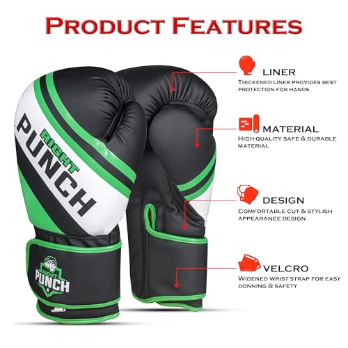 Boxing Gloves for Men & Women – Faux Leather Muay Thai, Kickboxing, MMA & Sparring Gloves – Training Heavy Bag Gloves with Secure Wrist Strap & Thumb Lock – 2 4 6 8 10 12 14 16oz - color: GREEN/BLACK, size: 4 OZ