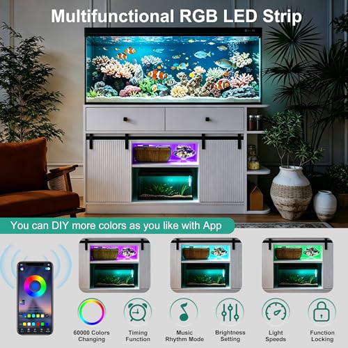 75 Gallon Fish Tank Stand with RGB LED & 6-Outlet Charging Station, 55-75 Gallon Aquarium Cabinet with Sliding Doors, 1200 lbs Capacity, White - color: White, size: 55.1"L x 19.6"W x 32.2"H