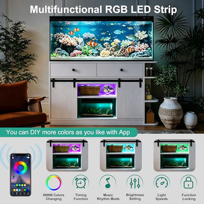 75 Gallon Fish Tank Stand with RGB LED & 6-Outlet Charging Station, 55-75 Gallon Aquarium Cabinet with Sliding Doors, 1200 lbs Capacity, White - color: White, size: 55.1"L x 19.6"W x 32.2"H