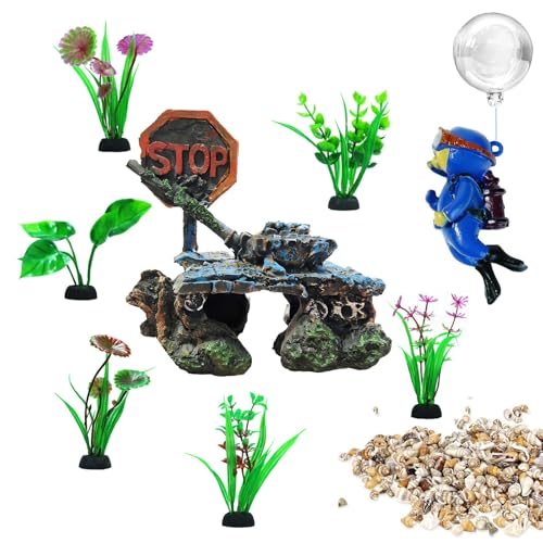 Fish Aquarium Decor Kit, Betta Hideout for Fish Tank - 6 Styles Options | Resin Sunken Tank Ornament, Betta Fish Hideout Cave, 6 Artificial Aquatic Plants, 40+ Seashells & 1 Floating Diver