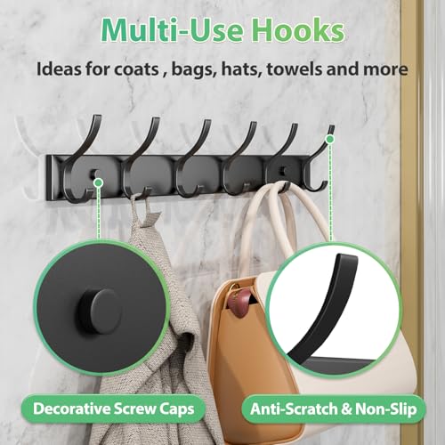 Coat Rack Wall Mount with 6 Hooks (Black, 2 Pack), Heavy Duty Coat Hooks Wall Mount for Entryway, Bedroom, Closet, Wall Hooks for Hanging Coats, Hats, Bags, Purses. - size: 2 Pack