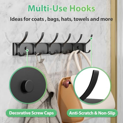 Coat Rack Wall Mount with 6 Hooks (Black, 2 Pack), Heavy Duty Coat Hooks Wall Mount for Entryway, Bedroom, Closet, Wall Hooks for Hanging Coats, Hats, Bags, Purses. - size: 2 Pack