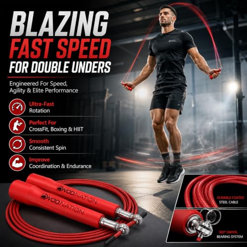WOD Nation Adjustable Speed Jump Rope For Men, Women & Children - Blazing Fast Fitness Skipping Rope Perfect for Boxing, MMA, Endurance - color: Red