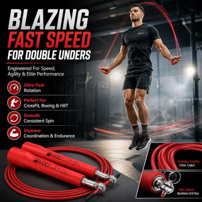 WOD Nation Adjustable Speed Jump Rope For Men, Women & Children - Blazing Fast Fitness Skipping Rope Perfect for Boxing, MMA, Endurance - color: Red