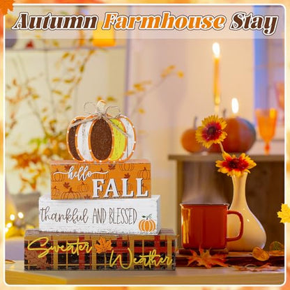 4 Pcs Thanksgiving Decorations Fall Wooden Sign Pumpkin Tiered Tray Decor Hello Fall Table Centerpiece Wood Blocks Table Top Sign for Home - style: Pumpkin