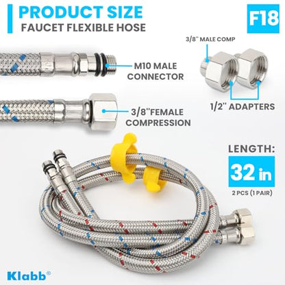 Klabb 32-Inch Stainless Steel Braided Faucet Supply Line, 3/8" Compression x M10 Faucet Connector, Includes 1/2" FIP Adapters, SS304 Flexible Water Hose for Bathroom & Kitchen Sink Faucets