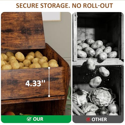 Potato and Onion Storage Bin with Lid, Root Vegetable Storage Rustic Bread Box for Kitchen Pantry, Wooden Bread Cabinet Fruit Storage Rack,Brown