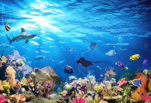 Underwater World Ocean Backdrop Blue Ocean Coral Reef Turtle Shark Tropical Fish Under The Sea Aquarium Decorations Background Birthday Party Cake Table Studio Props 6x6ft - color: Aqua Blue, size: 6x6ft (180x180cm)