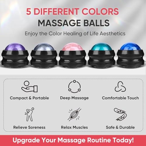 5-Pack Massage Roller Balls Set – Ergonomic Muscle Relief Massage Tools for Full Body Deep Massage (Blue/Green/Pink/Purple/Gray), 5 Individual Gift Boxes