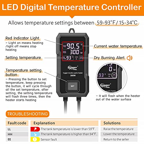 hygger Aquarium Heater 300W/500W/800W/1000W, Submersible Fish Tank Heater with Digital LED Controller and Intelligent Leaving Water Automatically Stop Heating System, for Freshwater and Saltwater - size: 300W for 40-80 Gallon