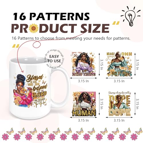 UV DTF Tumbler Wrap - 16 Sheets Personalized Black Girl UV DTF Cup Wraps for 16 oz Glass Cups, Motivational Quotes Black Women Transfer Stickers Decals DIY Water Bottle Mug Craft Decorations