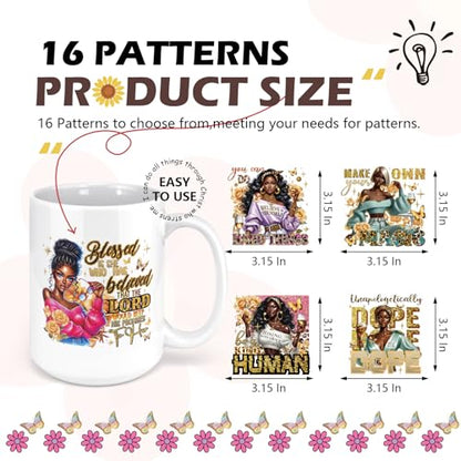UV DTF Tumbler Wrap - 16 Sheets Personalized Black Girl UV DTF Cup Wraps for 16 oz Glass Cups, Motivational Quotes Black Women Transfer Stickers Decals DIY Water Bottle Mug Craft Decorations