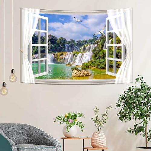 Fabric 7x5ft Waterfall Scenery Backdrop Outside Window View Spring Natural Landscape Photography Background Mountain Forest Birds Wallpaper Artistic Portraits Photo Studio Props