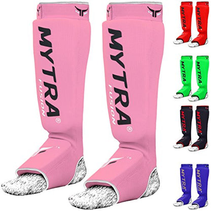 Mytra Fusion Shin Pads Instep Protector Kick Boxing Muay Thai Training Elasticated Shinpads (Pink, S/M)