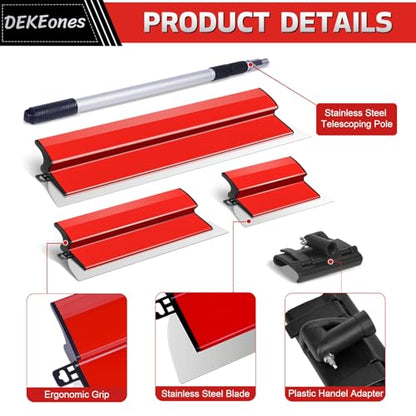 Drywall Skimming Blade Set, Stainless Steel 10",16" & 24" Skimming Blades with 28"-62" Extension Handle Pole, Professional Drywall Skimming Tools for Smoothing Wall and Ceiling