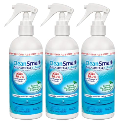 CleanSmart Daily Surface Cleaner and Pet-Safe Disinfectant, 16 oz (3 pack) | Hypochlorous Acid Spray Kills 99.9% of Viruses and Bacteria, No Harsh Residue, Food Contact Surface Sanitizer, No Rinse - size: 16 Fl Oz (Pack of 3)