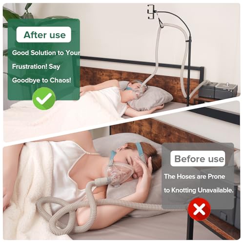 CPAP Hose Holder for Bedside - All-Metal Stand with Aluminum Hook | NoWall Drilling | Fits ResMed/Philips/AirSense Tubing | Helps Keep Hose Clean &Tangle-Free