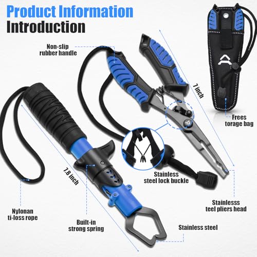 3 Pcs Fishing Tool Kit, Fishing Landing Net with Telescoping Pole Handle, Fish Plier with Sheath, Fish Lip Gripper for Freshwater Extend to 30-56 Inches, Gear Gifts for Men Women