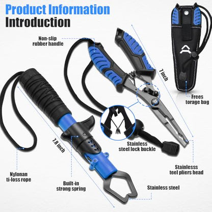 3 Pcs Fishing Tool Kit, Fishing Landing Net with Telescoping Pole Handle, Fish Plier with Sheath, Fish Lip Gripper for Freshwater Extend to 30-56 Inches, Gear Gifts for Men Women